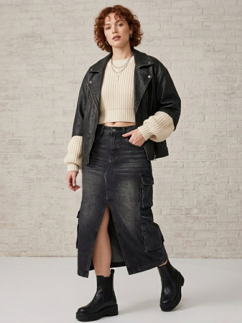 WILD FABLE Cargo Denim Front Slit Midi Black Skirt Sz S-M NEW w Tag
